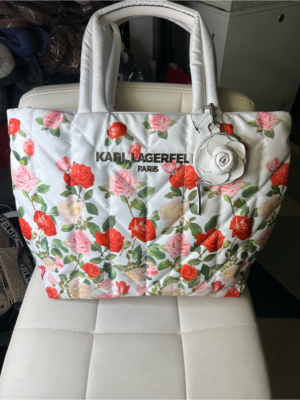 Karl Lagerfeld White Quilted Tote with Red, Pink & Cream Roses